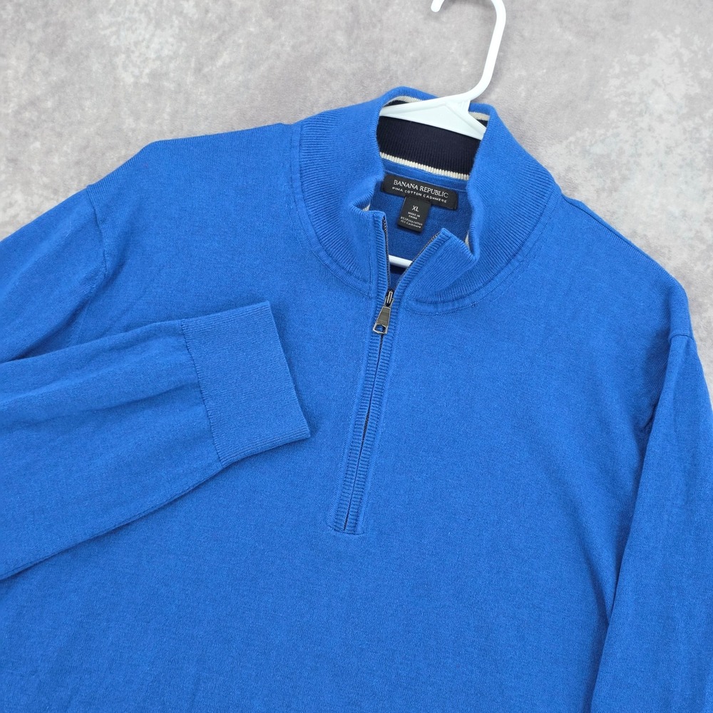 Banana Republic Cashmere Quarter Zip Sweater Mens XL Blue Pima Cotton Preppy